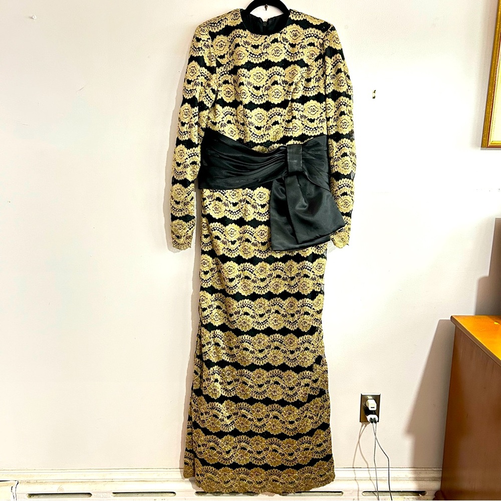 Vintage Black and Gold Lace Maxi Dress, Made in USA